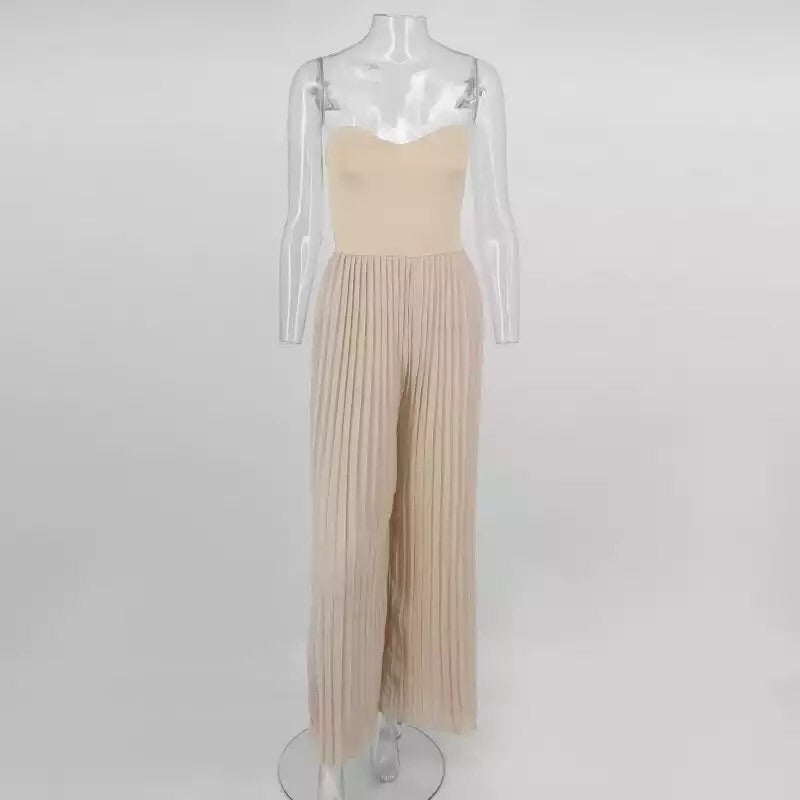 Solid Jumpsuits For Women 2019 Strapless Wide Leg Pant Casual Romper Playsuit Pleated Patchwork Party Overall Female