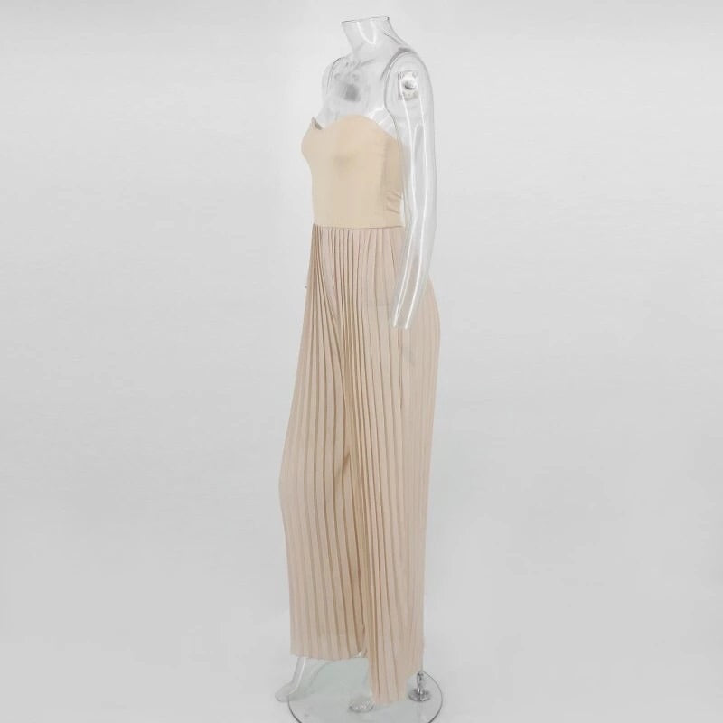 Solid Jumpsuits For Women 2019 Strapless Wide Leg Pant Casual Romper Playsuit Pleated Patchwork Party Overall Female